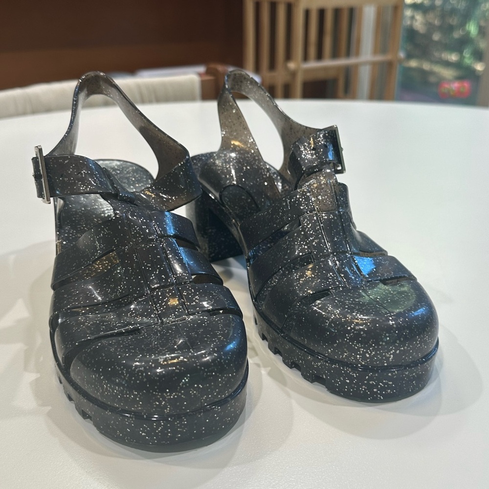 Goth Black Clear Sparkly Jelly Sandals with chunky heels- Size 8 New - Picture 2 of 6